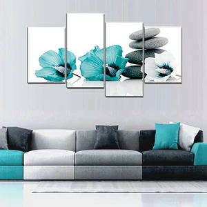 Large Teal Grey And White Lily Floral Canvas Wall Art Pictures For Bedroom Wall Decor Flower Prints Multi Wall Art Dining Room