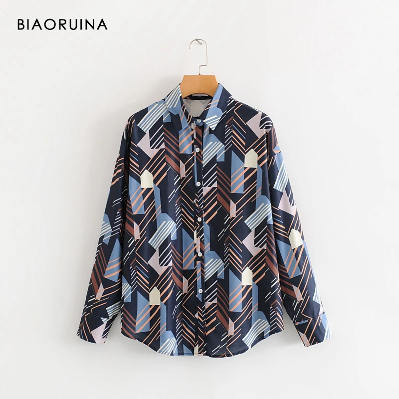 

BIAORUINA Women's Geimetric Printing Single Breasted Shirt Turn-down Collar Female Loose All-match Elegant Shirt Blouse Tops