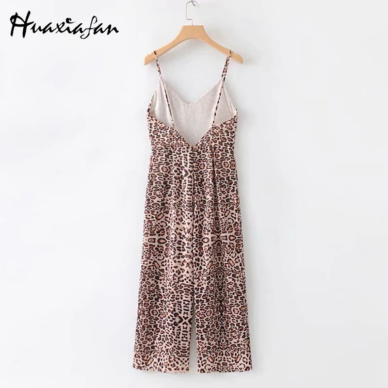 Huaxiafan Strap Jumpsuits For Women Vintage Leopard Print Ankle-Length Pants Backless Long Rompers Womens Overalls Female 2019