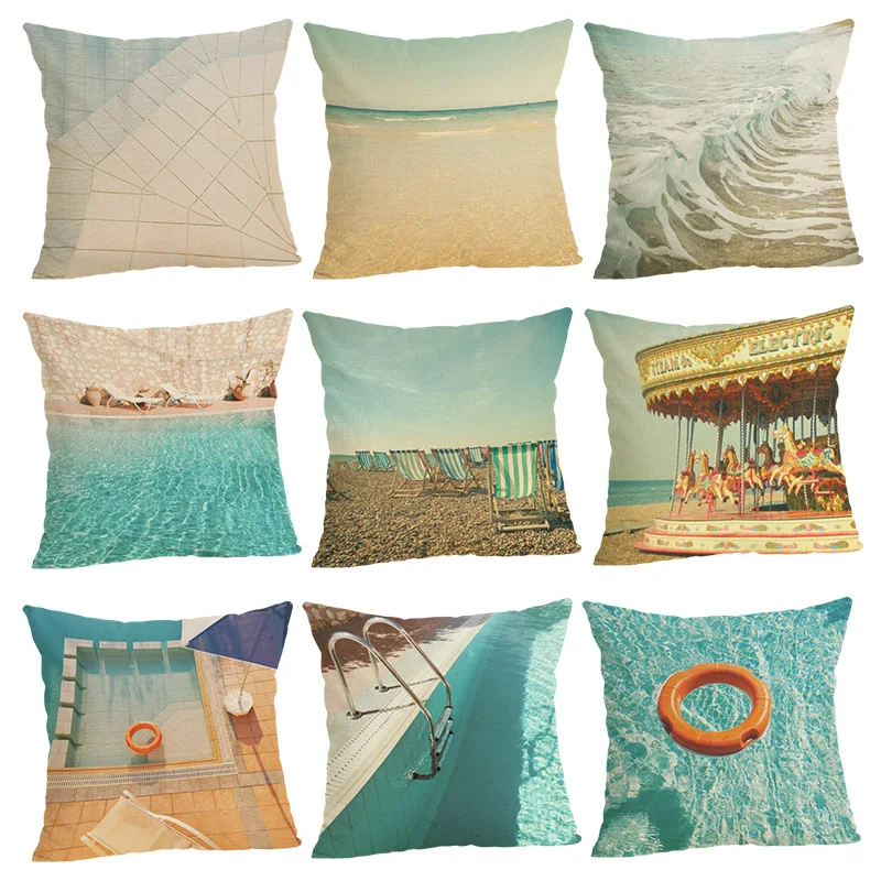 

1 Piece Chic Seaside Scenery Painting Pillow Case Cover Square 45cm Cotton Pillowcase Home Decorative Customized Dropshipping