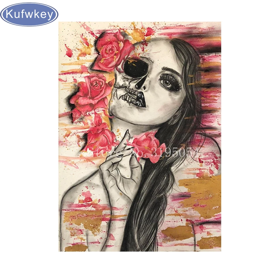 

3D DIY Diamond Painting Skull and Flower Pretty Girl Embroidery Diamond Painting Cross Stitch Rhinestone Mosaic Painting