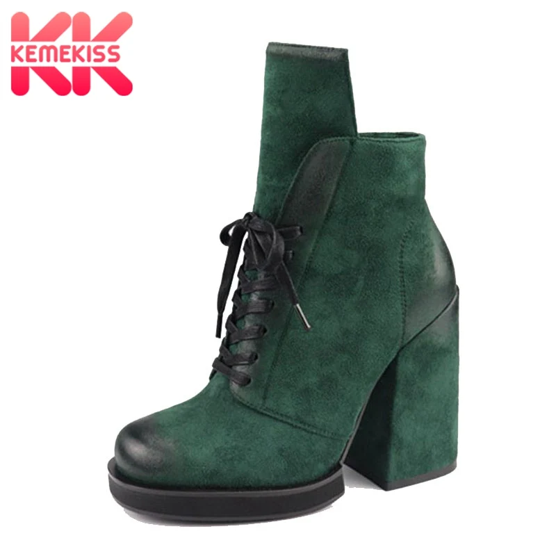 

KemeKiss Women Fur Ankle Boots Thick Heels Lace Up Warm Winter High Heels Boots Fashion Round Toe Women Shoes Size 35-40