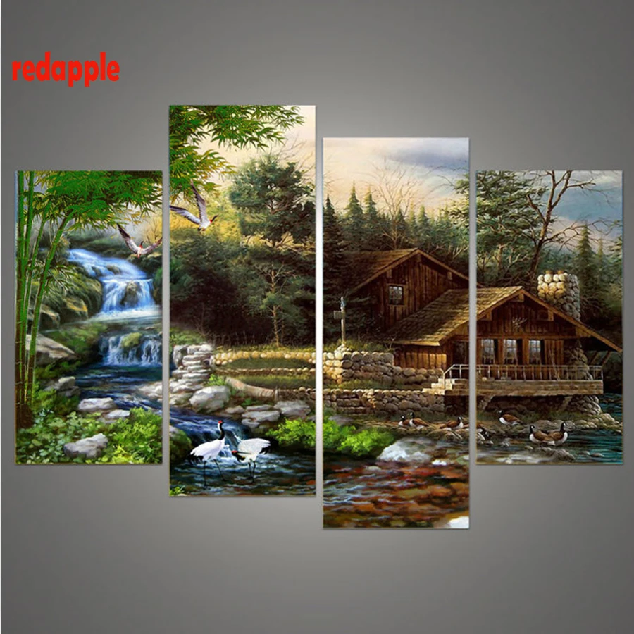 

5d Diamond Embroidery Landscape Handmade diy Diamond Painting Village hut scenery Needlework Mosaic Cross Stitch Decoration 4pcs