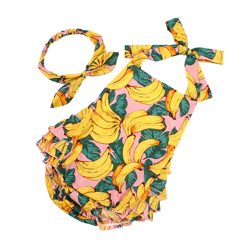 Sleeveless Infant Newborn Romper 2pcs Baby Girls Clothes Jumpsuit Banana Print New Summer Bandage Playsuit Sunsuit Outfits (9)