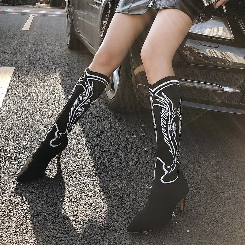 

Boots Women 2018 Autumn New High Heels Pointed Toe Elasticity Boots Wool Sock Boot Thin Heels Fashion Ladies Shoes Zapatos Mujer