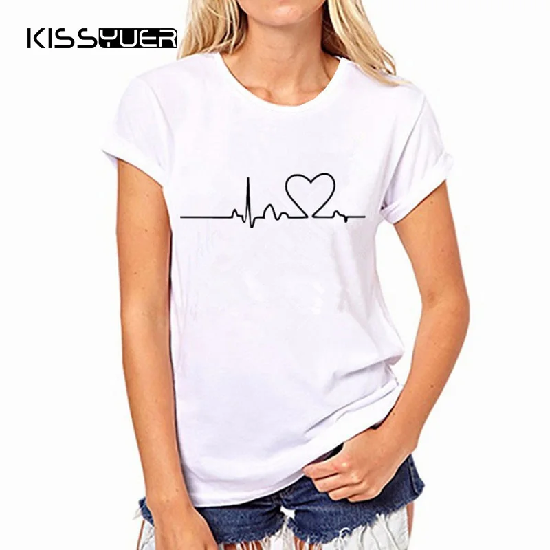 

2018 Harajuku Heartbeat Love Printed Women T-shirts O Neck Casual Summer Short Sleeve White Cotton T Shirt Women Tops Plus Size