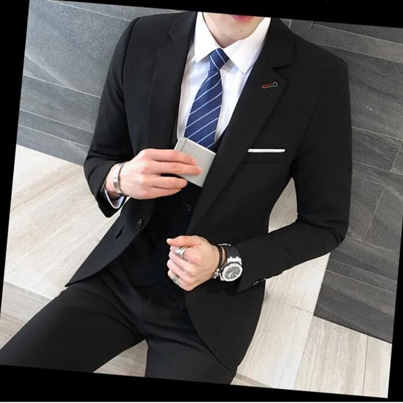 

3 Pieces Black Suit Latest Coat Pant Designs Suit Men New Arrival Slim Fit Wedding Dress One Button Plus Size Men Suit