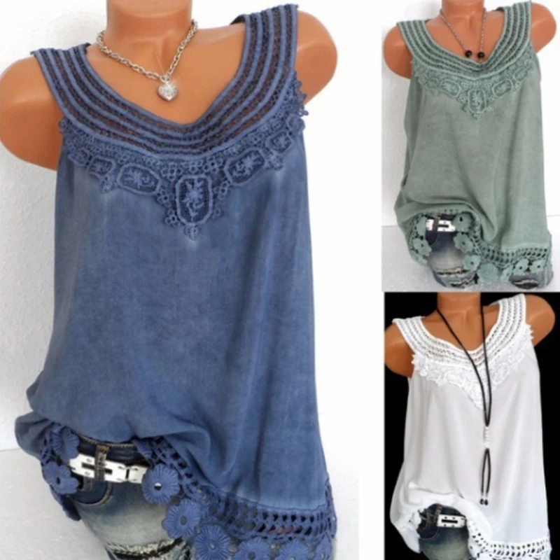 

2018 Women Casual Lace Beach Tank Tops Loose Sleeveless Blouse Plus Size Summer Tops Blue white Green