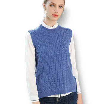 

New Women's Cable Knit Side Slit Belt Cashmere Vest Sleeveless Knitted O-Neck Vest Split Clothing Female Vest Pullover Fashion