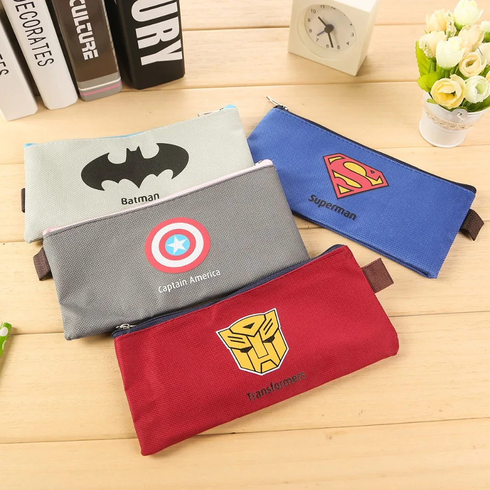 

Marvel Superhero Batman Superman Captain America Canvas Pencil Case Pen Bag Zipper Portable Students Stationery Bag Coin Purse