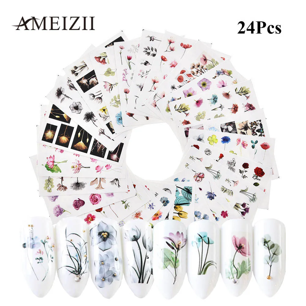 Наклейки для нейл арта AMEIZII 15/20/24 шт. акварельные наклейки с цветами оленями