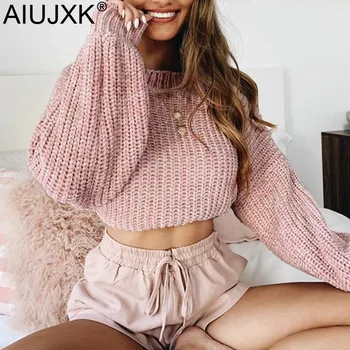 

New Autumn Winter 2019 Women Long Sleeve Loose Short Sweaters And Pullovers Female Casual Knitwear Fashion Jumper Pink Knitted