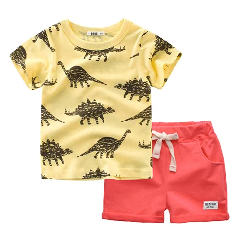 BINIDUCKLING/ г. Летний комплект детской одежды для маленьких мальчиков, футболка+ шорты с рисунком динозавра, модная детская одежда для новорожденных - Цвет: Red