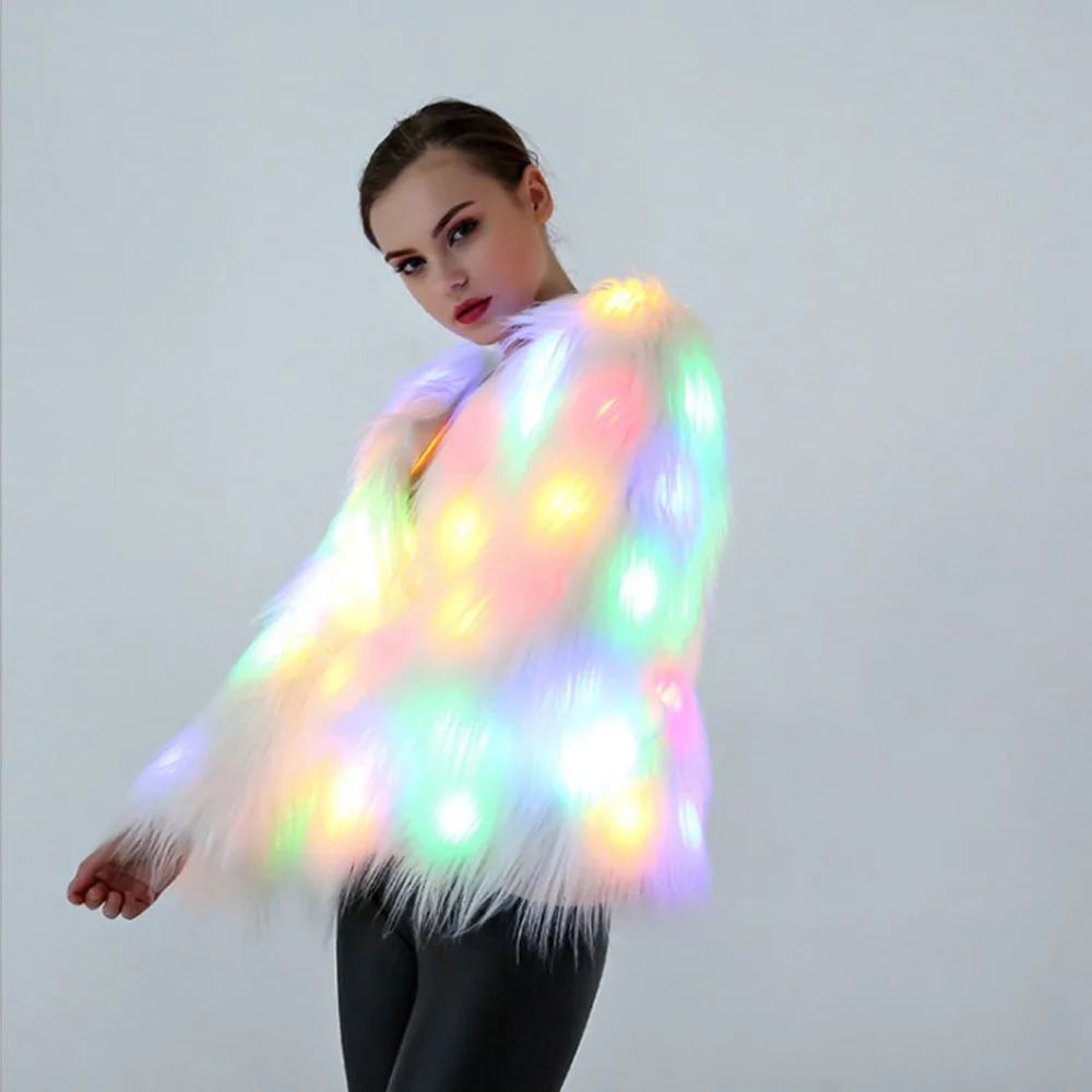 Fashionable Design Women LED Light Up Luminous Coats Faux Fur Overcoat