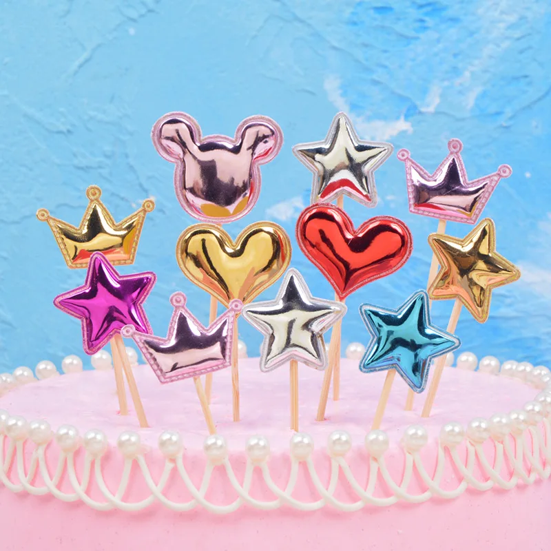 

5 pcs/lot lovely heart star crown mickey cake topper for birthday cupcake flag baby shower party wedding decoration supplies