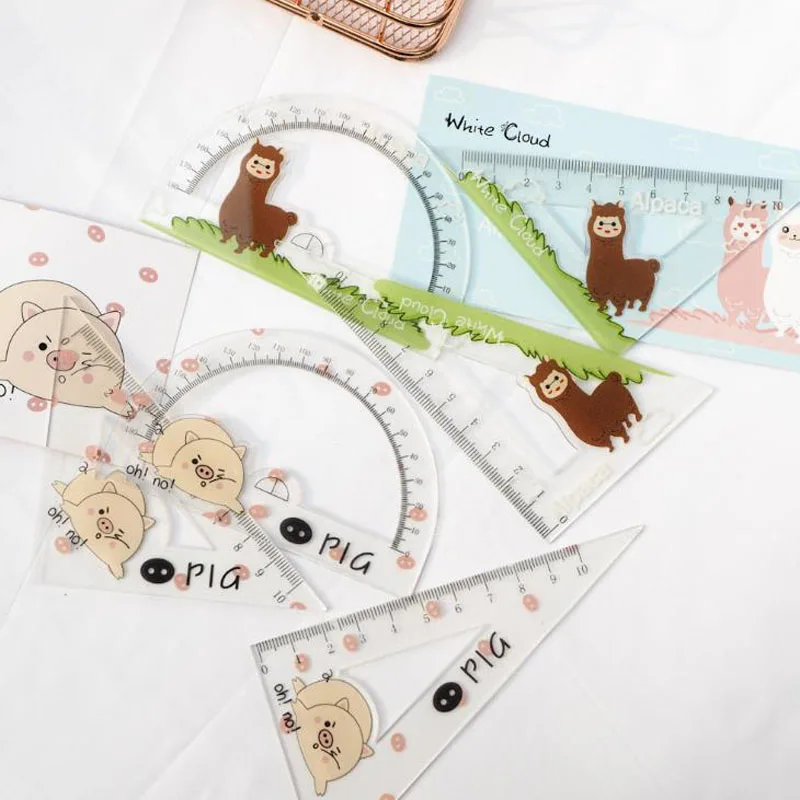

3 Pcs/pack Cartoon Animal Pig Alpaca Printed Geometry Rulers Set Acrylic Ruler Drawing Square Angle Rulers Stationery
