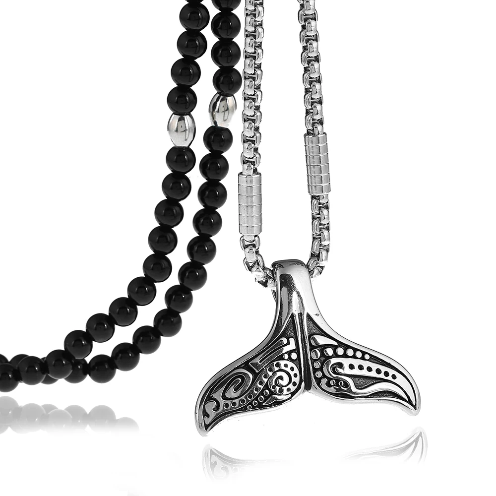 

Stainless Steel 3D Mermaid Fish Tail Pendant Necklace with Black Natural Stone Beaded Necklace 27inches