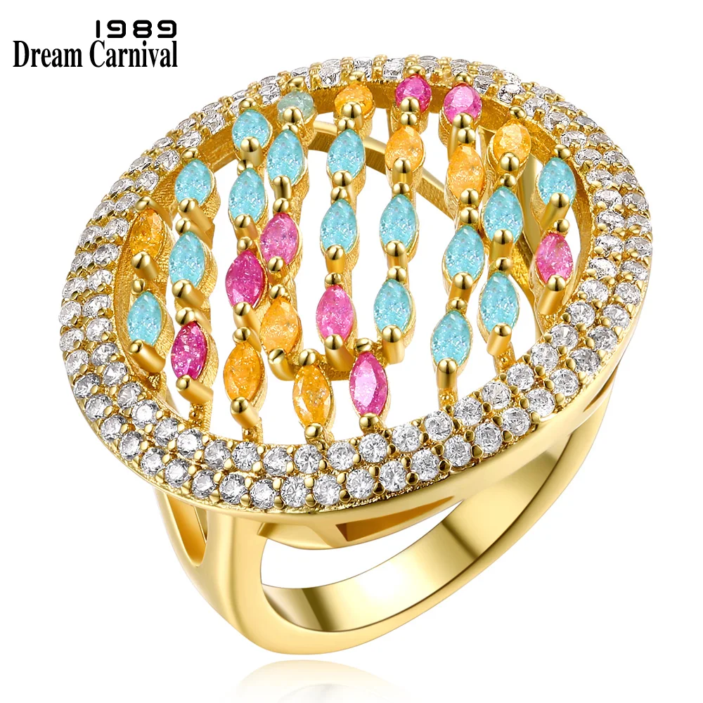 

DreamCarnival 1989 Statement Jewelry Hollow Design Candies Color Cubic Zirconia Big Rings for Women Luxury Party Bijoux SJ30059G