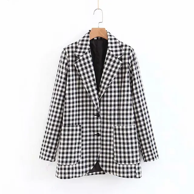 Women Black and White Plaid Suits Blazer Office Work Wear Checked Coat