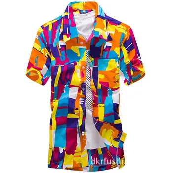 

2019 New Hot Fashion Slim Men's Printed Beach Colorful Geometric Printed Short-Sleeved Shirt Lapel Male Beach Camisas ST19