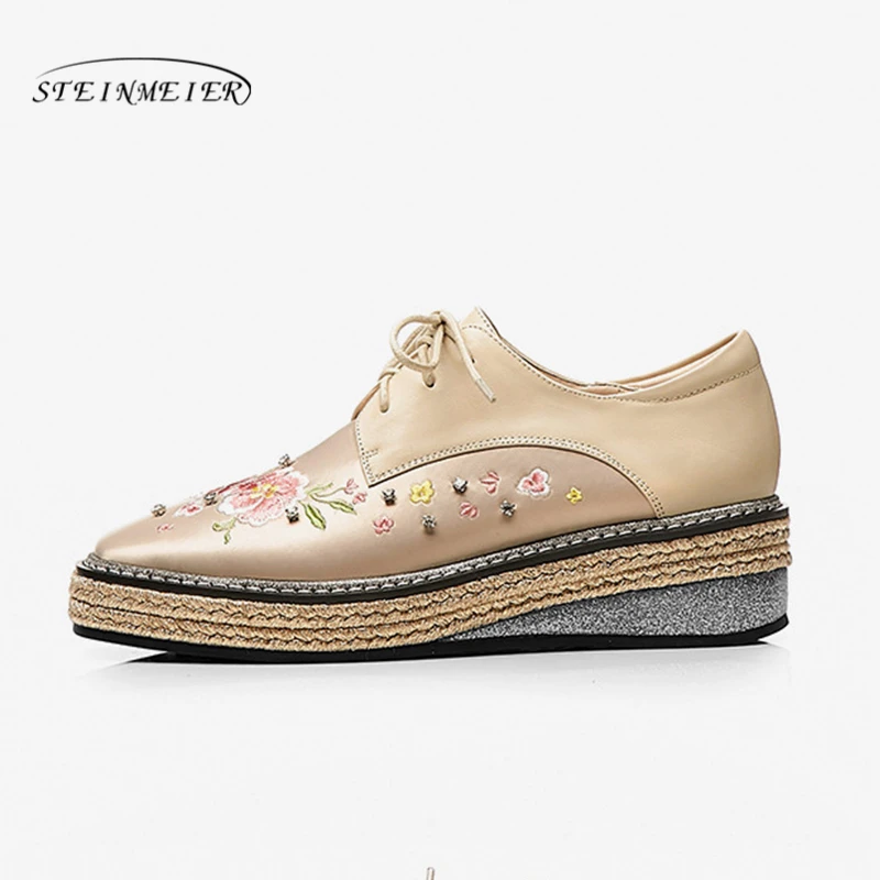 Broderie Dames Femmes Pour Derbies Beige Véritable forme Femme Vintage black Plate Oxford Cuir Appartements Chaussures Casual En De ttxPwqHr1