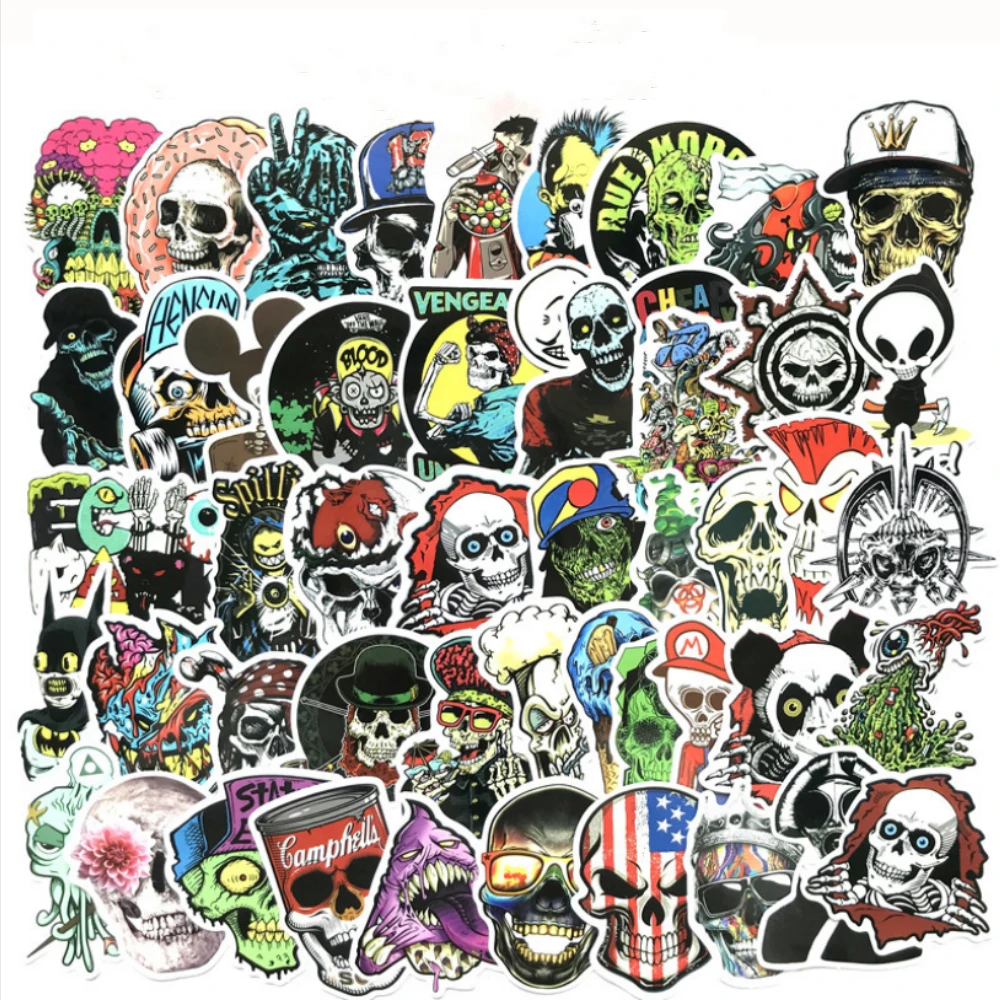 

Aliauto 50pcs/pack Terror Series Skull Graffiti Car Sticker Travel Case Laptop Skateboard Guitar JDM Styling Not Repeat Decal