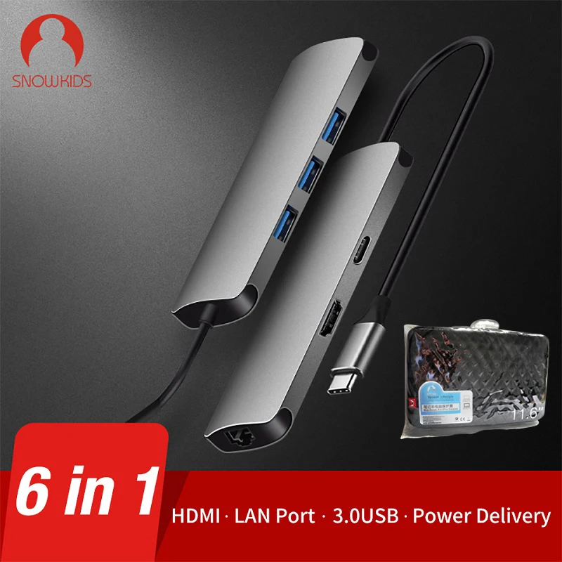 Snowkids USB-C tipo C eje adaptador USB-C a HDMI puerto LAN USB3.1 de Ethernet para Samsung Huawei mateBook Dell HP Asus Mi - 1