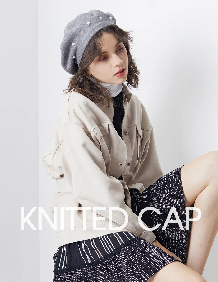 New Beret With Pearls For Woman In Autumn Winter Pure Wool Knitted Bead Pearl Cap Warm Girl Sweet Painter Ladies Hat Wholesale (1)
