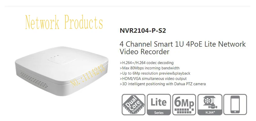

Dahua 4CH Smart 1U 4PoE Lite Network Video Recorder English Version H.264+/H.264 HD 1080P Up to 6Mp Without Logo NVR2104-P-S2