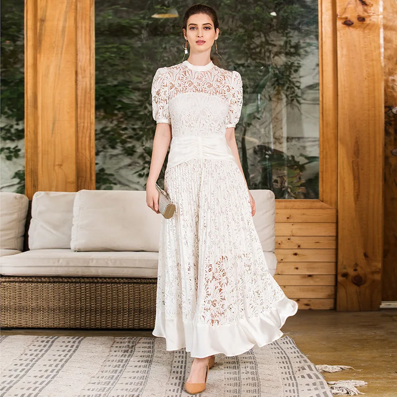

WQJGR Spring and Summer Sexy Dresses Party Night Club Dress 2019 Short Sleeve O-Neck High Quality White Lace Long Dress