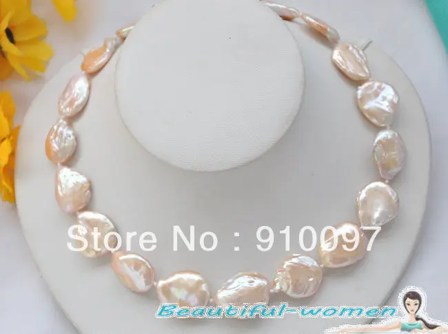

>>>HUGE 17" 20mm baroque coin pink freshwater cultured PEARL NECKLACE & 925 silver CZ clasp