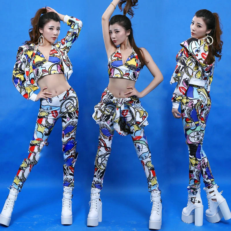  Jazz Dance Costumes Personality Doodle Jacket Tops Pants Women Hip Hop Clothing Nightclub Singer Dj