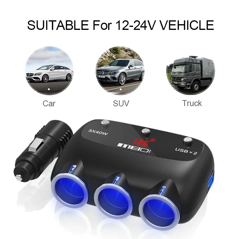MEIDI Car Charger Cigarette Lighter 12V 120W Dual USB Car Charger Adapter Socket Splitter With Voltage LED Display for iPhone6 7