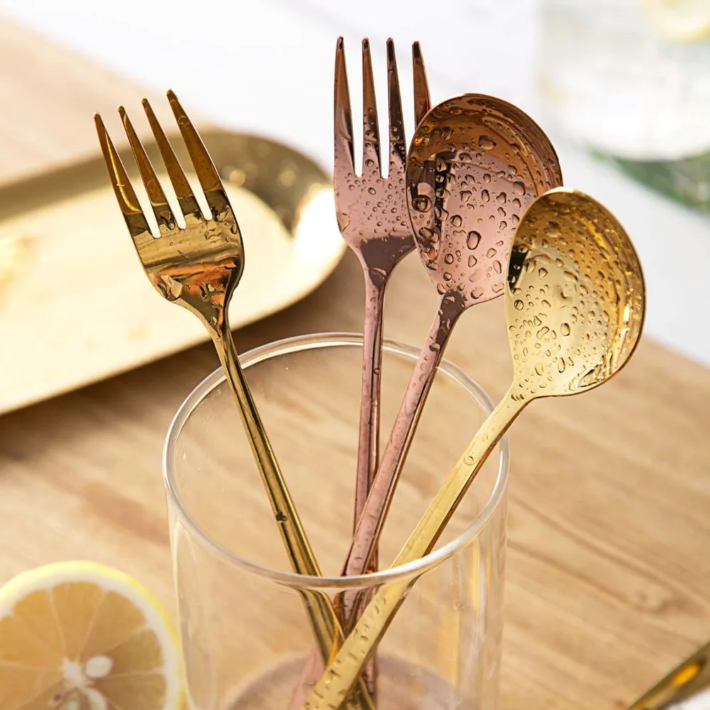 Нержавеющая сталь столовая посуда столовая вилки золотой набор ложек для салата длинной ручкой корейские ложки кухонные инструменты