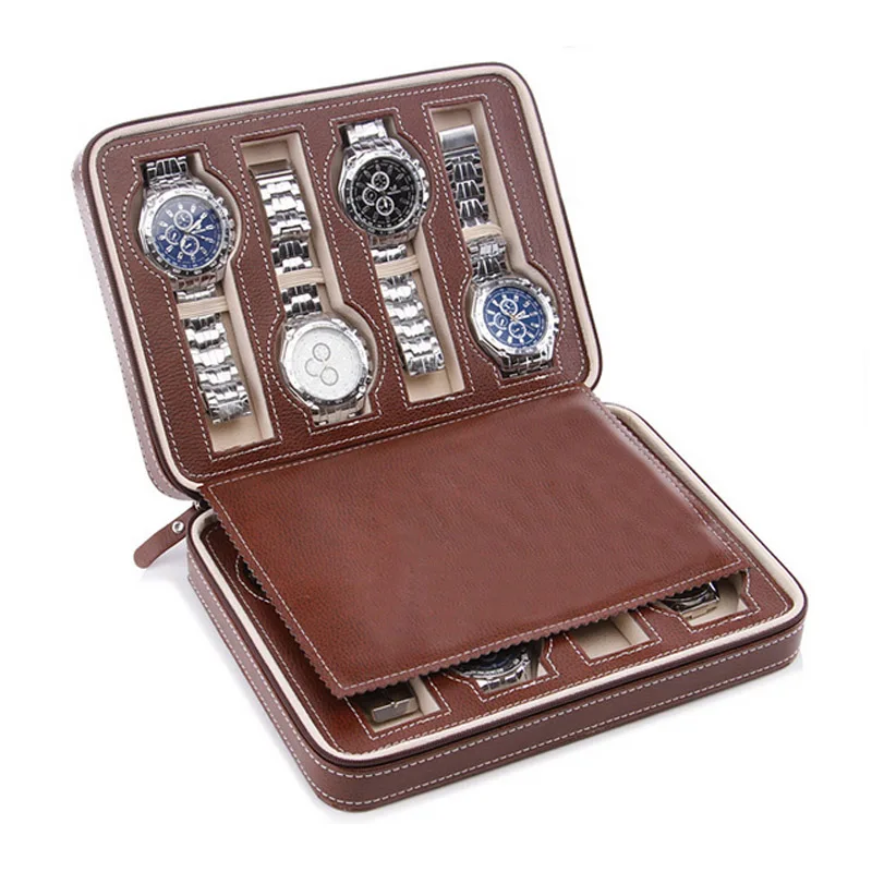 Top Quality 8 Grids Leather Watch Box Luxury Zipper style for travelling storage Jewelry Watch Collector Cases Organizer Box