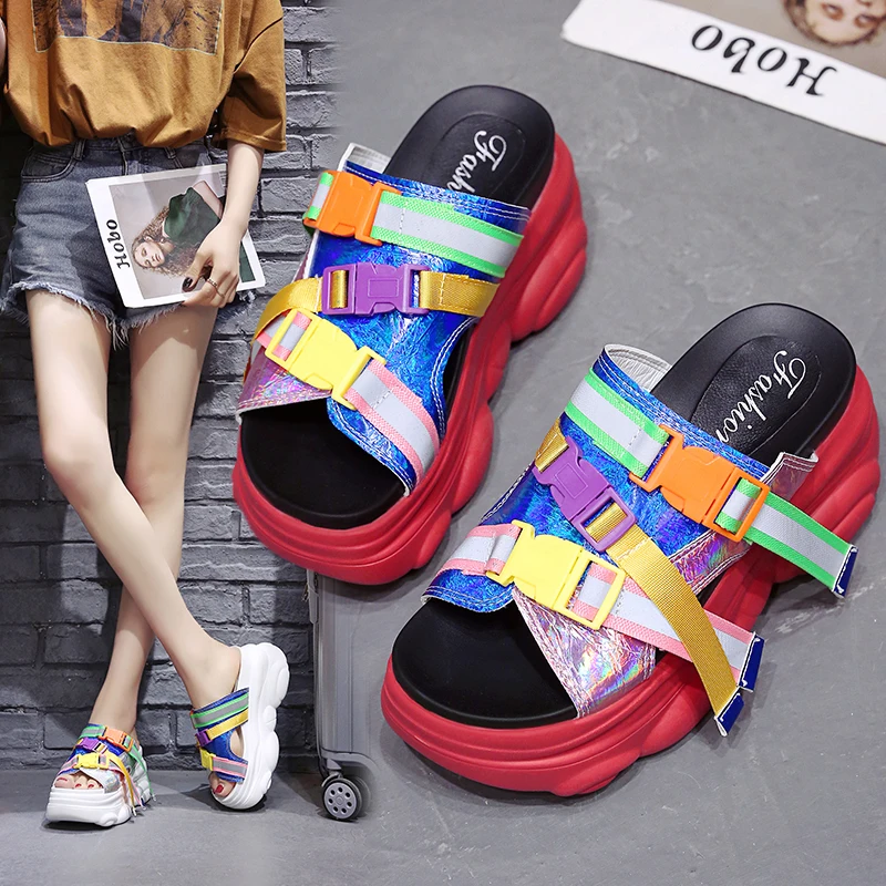 

2019 New Style Women Slippers 8CM Wedge Heels Casual Shoes Summer Platform Beach Flip Flops High Heel Slippers Woman Sandals