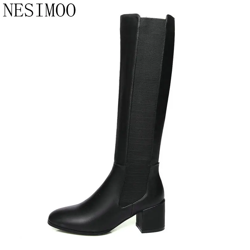 

NESIMOO 2019 Women Shoes Knee High Boots Genuine Leather+PU High Heel Western Style Zipper Ladies Motorcycle Shoes Size 34-39