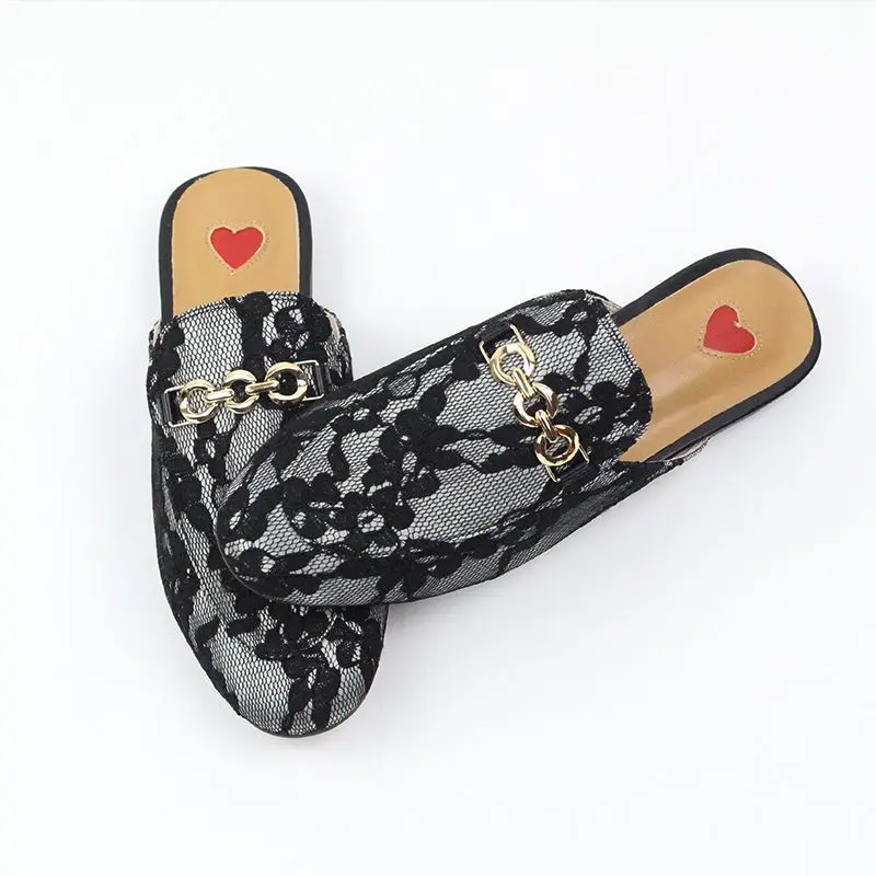 Lenkisen 2020 genuine leather slip on outside slippers oriental embroider mules metal decoration streetwear fashion women shoes