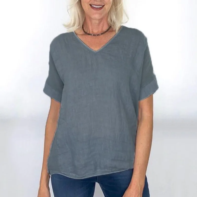Wepbel عارضة الصيف T قميص المرأة فضفاضة الأساسية تي شيرت برقبة مثلثة بلون المحملة قميص الإناث أعلى قصيرة الأكمام