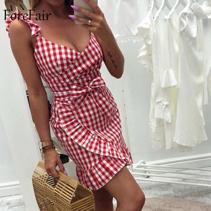 Forefair Vintage Plaid Dress Summer Mini Sexy Bodycon Ruffle  (6)