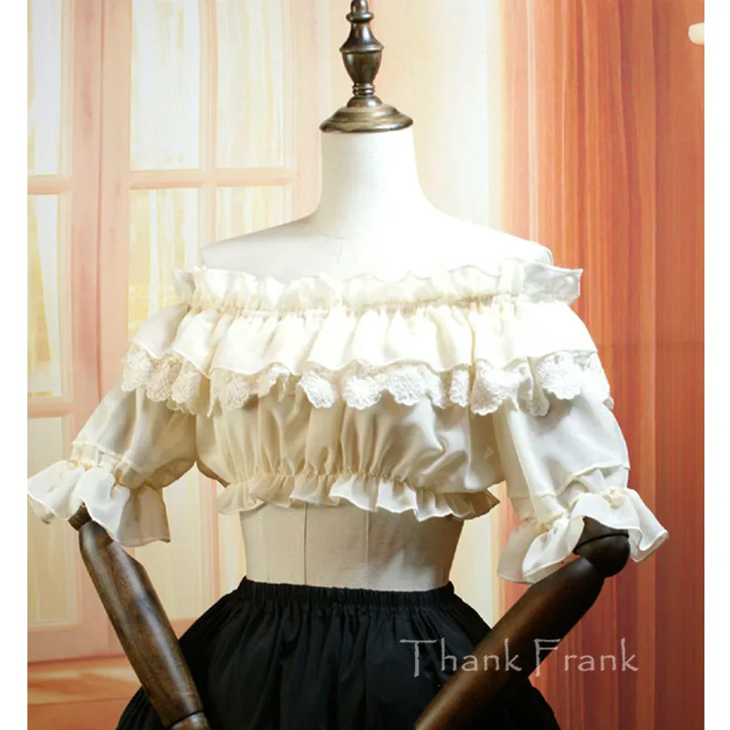 

Lace Ruffle Summer Crop Top Women Short Sleeve Chiffon Lolita Blouse Sexy Sweet Slash Neck Retro Janpanese Style Bottoming Shirt