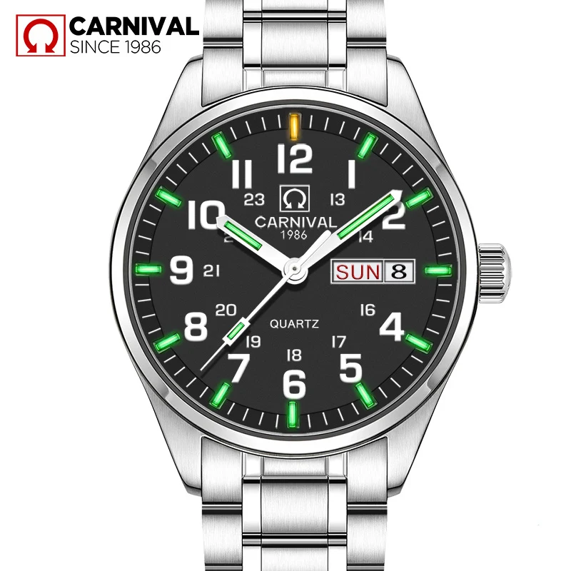 Quartz movement Double calendar Date Tritium Luminous military watch waterproof 30M CARNIVAL Luxury Business Watches Mens - Цвет: 02