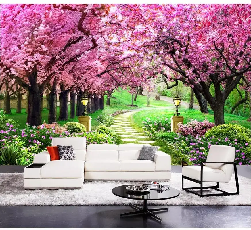 

Custom 3d Wall Murals Photo Cherry Blossom Forest Garden Path Luxury Wall Paper Living Room Non-woven Wallpaper Modern Decor