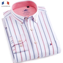 Langmeng, хлопок, оксфордская рубашка, Мужская одежда, рубашки для офиса, бизнеса, социальных мужчин, полосатая рубашка, брендовая одежда, длинный рукав, Camisa