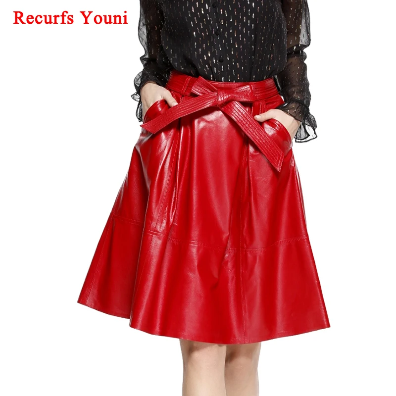 

2019 Winter Female Genuie Leather Midi Skirt Lady Street Saia Bow Belt Retro Vase Big Red/Black Faldas Girls Pleated Jupe Faldas