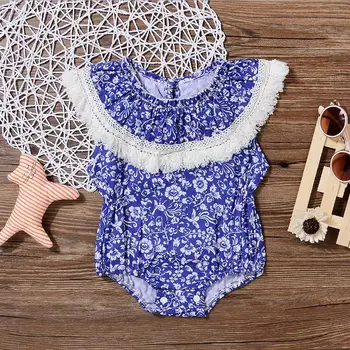 

infantil baby girls vintage flowers pattern big ruffles collar romper children tassels ganze clothes girl jump shorts