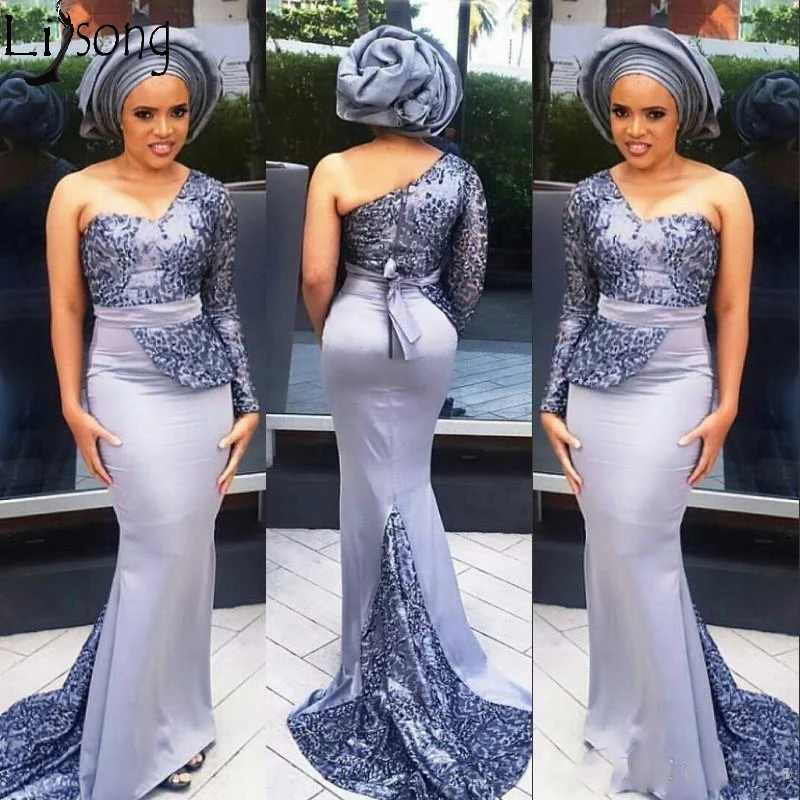 

One Shoulder Long Sleeve Prom Dresses Mermaid Sweep Train Aso Ebi Nigeria Evening Dress Lace Applique African Evening Party Gown