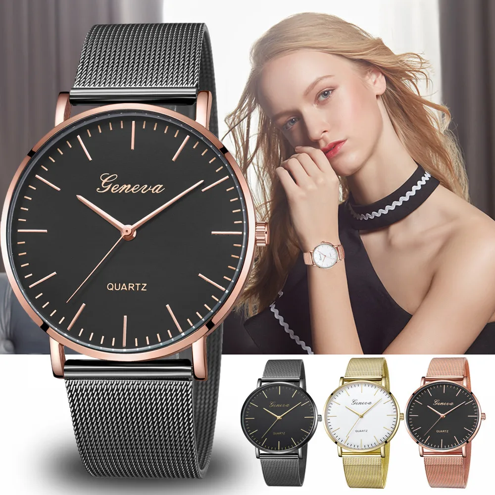 

Modern Fashion Black Quartz Watch Men Women Mesh Stainless Steel Watchband High Quality Casual Wristwatch Gift for Female