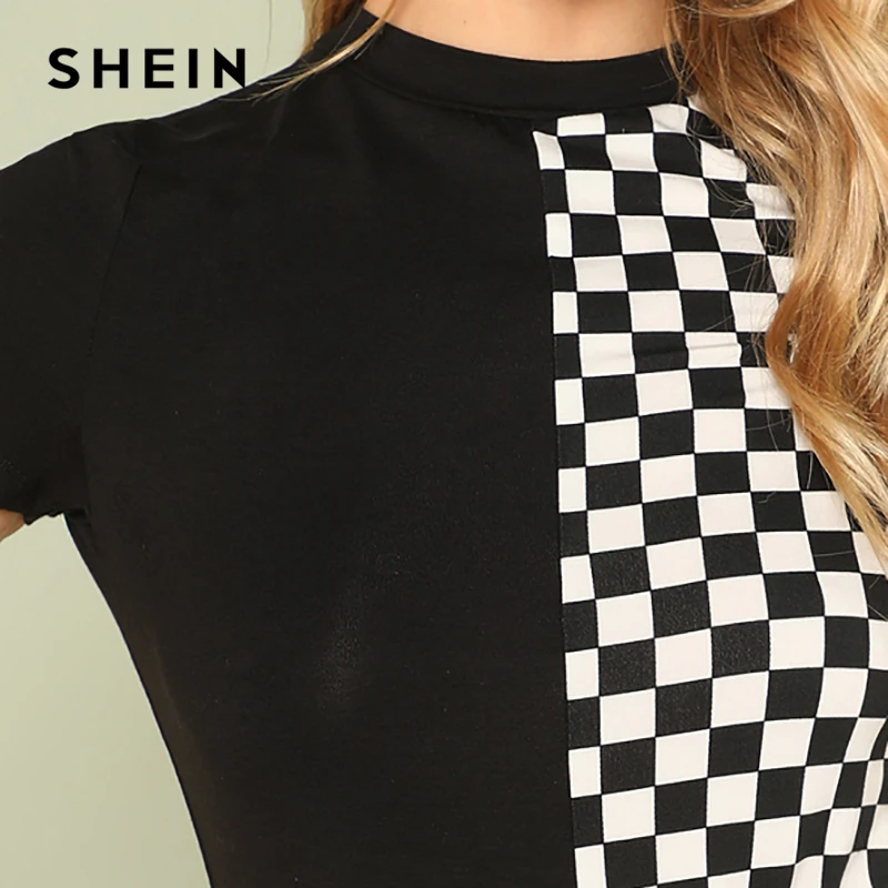 Черно белая клетчатая Повседневная футболка SHEIN с круглым вырезом и коротким