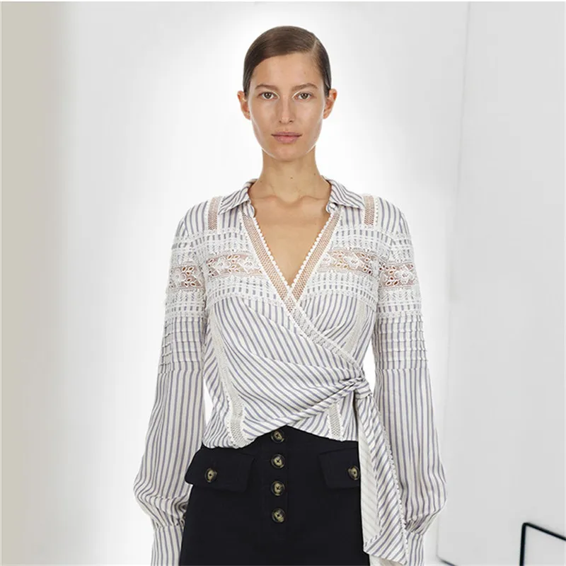 

Designer Luxury Shirts for Women V Neck Long Sleeve Hollow Out Lace splice Striped Blouse Tops